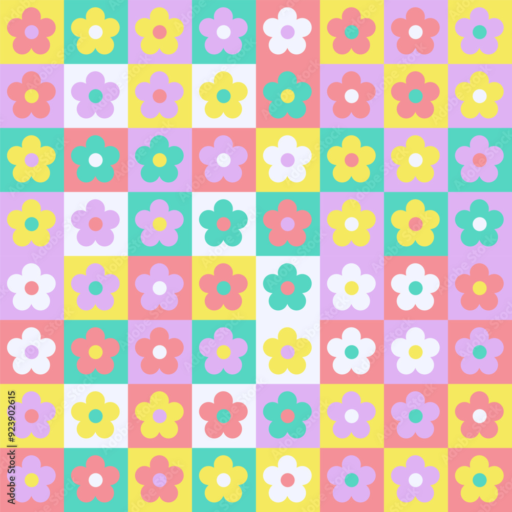 Poster hippy colorful chamomile flowers on checkered background. vector seamless pattern in soft retro past