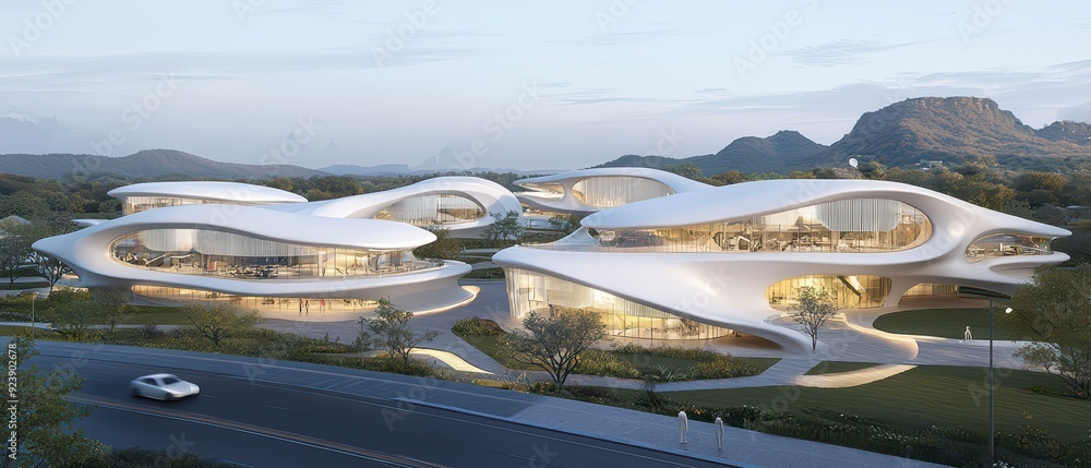 Poster futuristic architecture showcases sleek, organic forms with dynamic structures, set against a serene