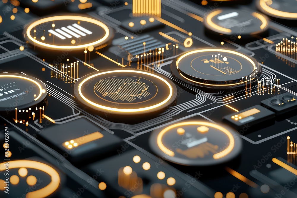 Poster futuristic digital interface with glowing elements, suitable for technology and data visualization t