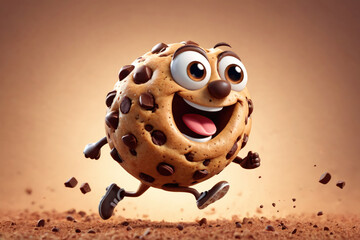 Happy Chocolate Chip Cookie Character Joyfully Running Across a Dusty Terrain During a Sunny Day