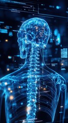Futuristic visualization of a human spine, showcasing digital technology and anatomy in a striking blue glow.