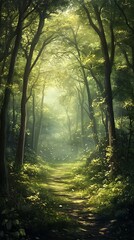 Fototapeta premium A Sunlit Path Through A Dense, Lush Forest