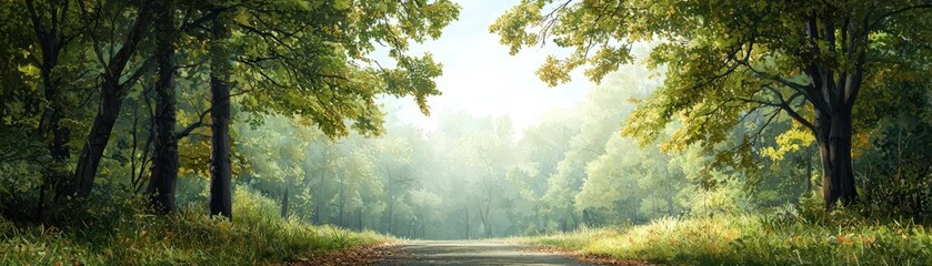 A serene forest path bathed in gentle sunlight, surrounded by lush greenery and vibrant foliage, perfect for nature lovers.