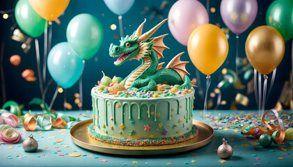 Fantasy dragon-themed birthday cake with colorful balloons and decorations