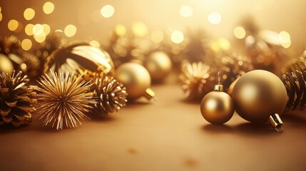 Fototapeta premium Golden decorations with sparkling lights create a festive atmosphere, perfect for holiday celebrations and winter gatherings.