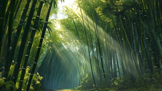 Sun rays piercing through dense bamboo forest in morning light