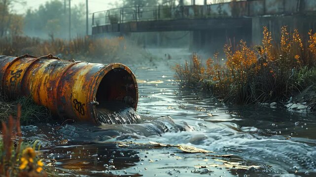 Rusty pipe discharging polluted water into natural stream
