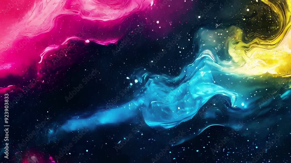 Poster abstract cosmic background with particle and noise grain effect, copy space area, seamless loop.