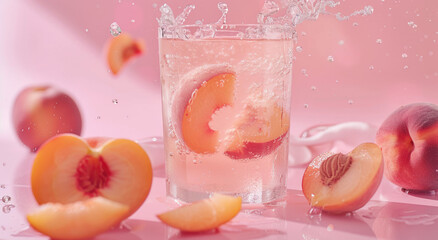 Peach water splashing in a glass, with peaches on the side, against a pink background