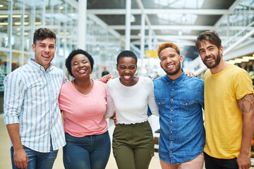 Portrait, diversity and business people in modern office, cooperation and graphic designers. Face, group and employees with pride, collaboration and project with smile, happiness and confidence