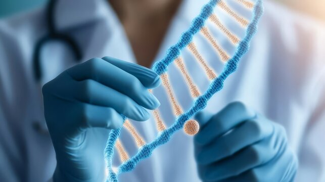 Scientist adjusting epigenetic markers on a floating holographic DNA strand, genetic modification, futuristic epigenetics