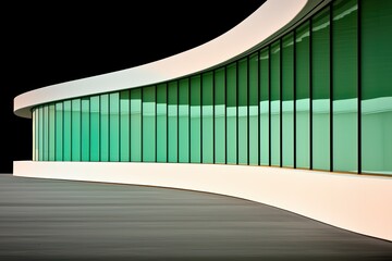 Obraz premium Modern architectural design featuring a curved glass facade with green accents, highlighting elegance and innovation in construction.