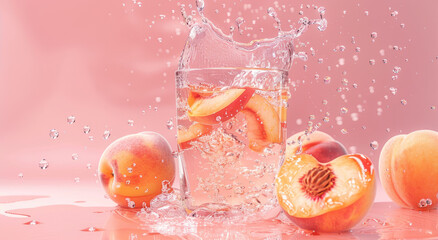 Peach water splashing in a glass, with peaches on the side, against a pink background