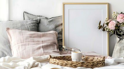 Cozy Bedroom with Golden Frame and Wicker Tray