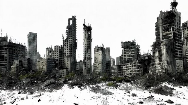 Exploring an apocalyptic city landscape with collapsed buildings