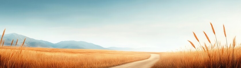 Fototapeta premium A serene landscape featuring a winding road through golden fields under a bright sky, perfect for nature and tranquility themes.