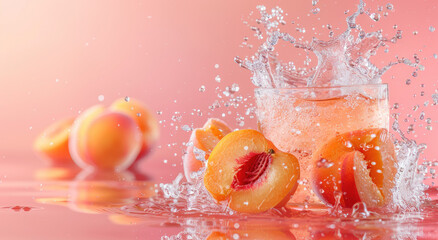 Peach water splashing in a glass, with peaches on the side, against a pink background