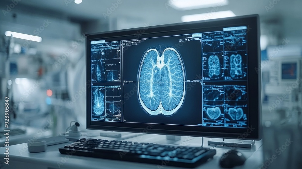 Aufkleber a high-resolution display shows intricate lung scans in a busy hospital, highlighting cutting-edge m
