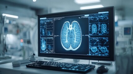 Fototapeta premium A high-resolution display shows intricate lung scans in a busy hospital, highlighting cutting-edge medical technology at work
