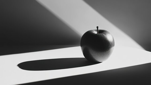 Fototapeta A black and white photo of a single apple on a white table. The apple is in focus while the background is out of focus.