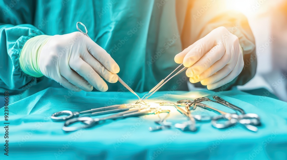 Poster surgeon performing a delicate procedure using surgical instruments on a sterile drape with concentra