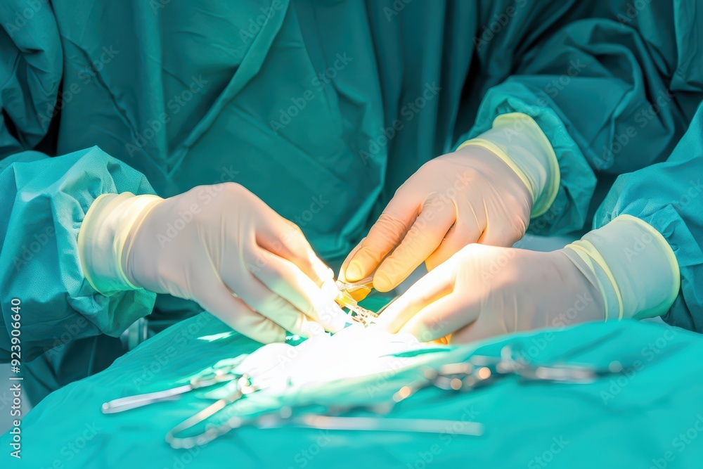 Poster surgeon performing a delicate procedure in a sterile environment, focused and precise in their movem