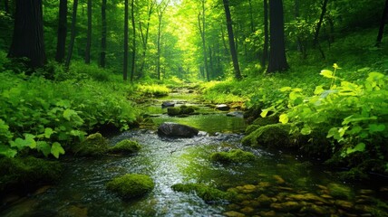 Obraz premium A tranquil forest scene with a gentle stream flowing through vibrant green foliage, showcasing nature's serene beauty.