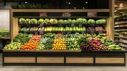 shelves in a store with fresh vegetables, vegetables in a supermarket, healthy and nutrition and vegetarianism concept