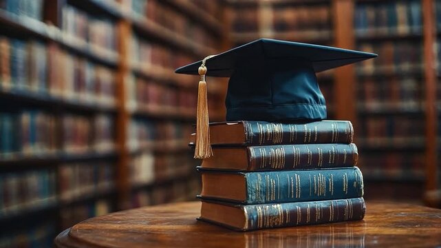 A graduation cap sits atop a stack of books in a serene library, symbolizing academic achievement and the pursuit of knowledge.