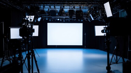 Modern studio interior with lighting setup, blank screen, and equipment ready for filming or photography.