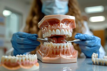 A dentist educating a patient about oral hygiene.