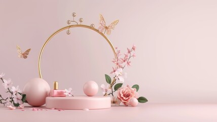 Obraz premium Beautiful 3D setting with gold butterfly arch, pink podium, and floral elements, perfect for cosmetics and wedding events.