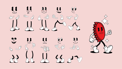 60s 70s groovy hippie retro cute comic vector doodle set, cartoon characters in different poses and emotions, vector illustration