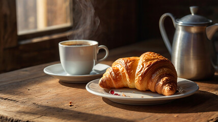 A Cozy Morning Scene With A Buttery Croissant, Jam, And A Steaming Cup Of Coffee, All On A Rustic Table, Food Image