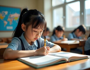 Young asian girl with black hair in a school classroom, focused on writing in her notebook