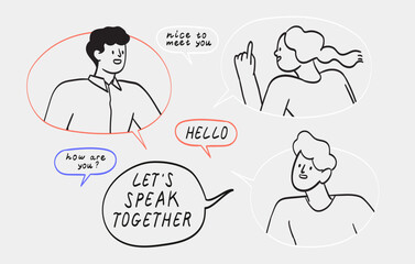 Group of young people polyglots from different countries practice speaking skills with native speakers and learn foreign languages online. Creative doodle character illustration for language school.