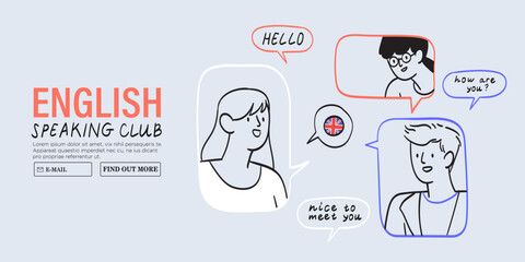 Group of young people from different countries practice speaking skills with native speakers and learn foreign languages pronunciation. Creative doodle character illustration for language school. © KPstudio