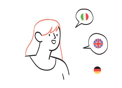 Multilingual speaker. Woman polyglot speaking many different foreign languages, talking, studying, knowing English, German, Italian. Line doodle vector illustration isolated on white background.
