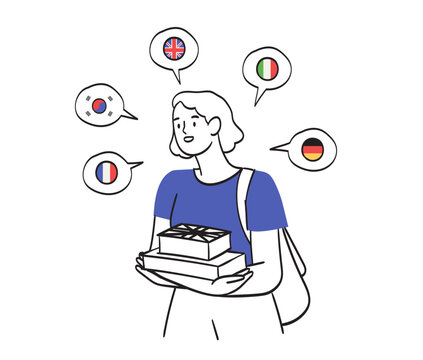 Multilingual speaker. Woman polyglot speaking many different foreign languages, talking, studying, knowing English, German, Korean, French, Italian. Line doodle vector illustration isolated on white.