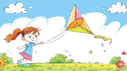 
coloring page a simple drawing of green blue with baby girl & boy flying a kite on the grassland, coloring page