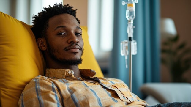 IV Hydration Therapy: Young Man Receiving Vitamin Infusion for Stress Relief at Home