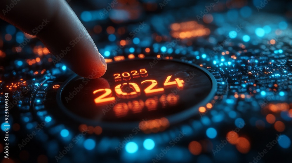Aufkleber A hand reaches toward an illuminated digital interface highlighting the transition between 2024 and 2025, surrounded by vibrant neon lights
