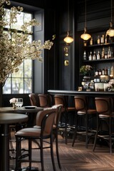 Design of a luxury bar, complete with tables, chairs, and flowers.