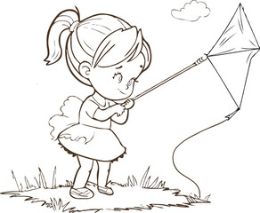 
coloring page a simple drawing of green blue with baby girl & boy flying a kite on the grassland, coloring page