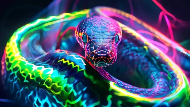 Neon glowing snake with hypnotic patterns swirling gracefully