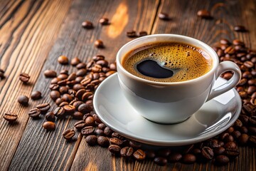 Cup of aromatic coffee standing on an empty table. View from above, outdoor, close-up. Vacation and travel concept