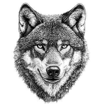 Wolf Etching: Engraved Illustration of Wild Animal Isolated on White Background