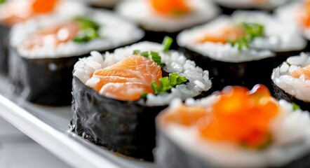 Fresh Sushi Rolls With Salmon and Cucumber on a White Plate
