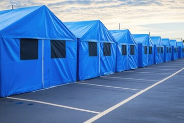 Hospital Tents. Outdoor Temporary Medical Facilities in Parking Lot for Incoming Patients.