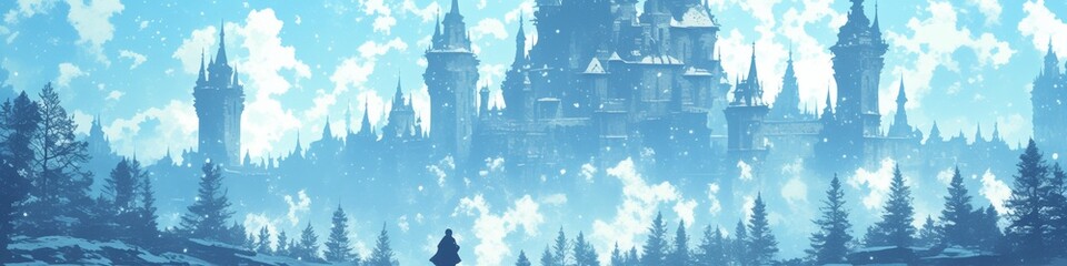 Fototapeta premium Majestic Snow-Covered Castle in Enchanting Anime Winter Wonderland: Serene 2025 Christmas and New Year Themed Artwork. Dreamy Animation-Style Scenery for Game Illustrations, Creative Marketing, and 4K